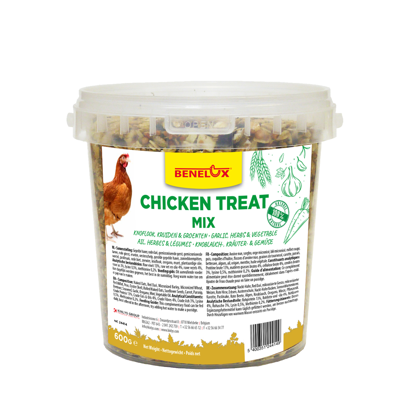 MELANGE DE SNACK POUR POULES AIL, HERBES ET LEGUMES 600GR