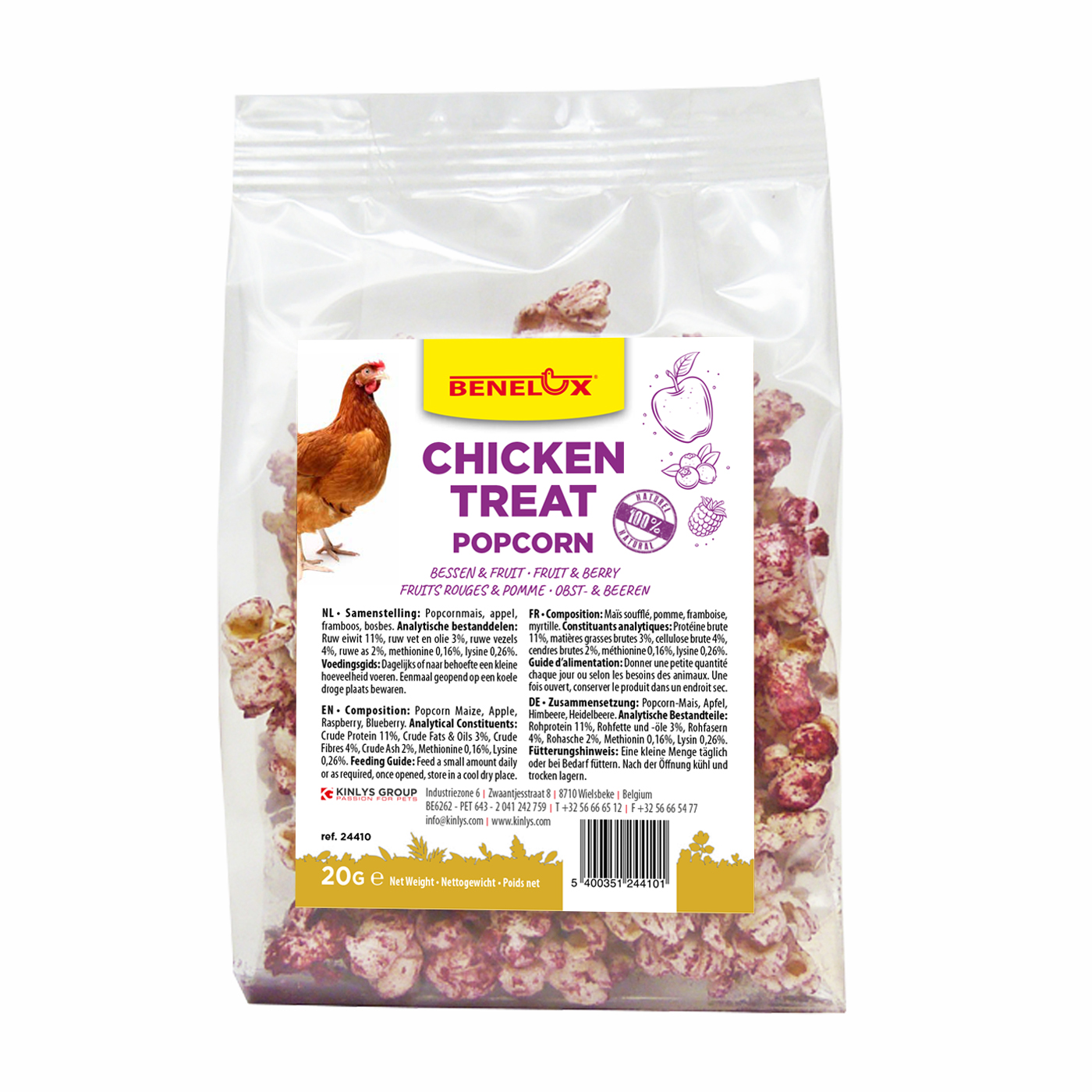 KIPPENSNACK BESSEN EN FRUIT POPCORN 20GR